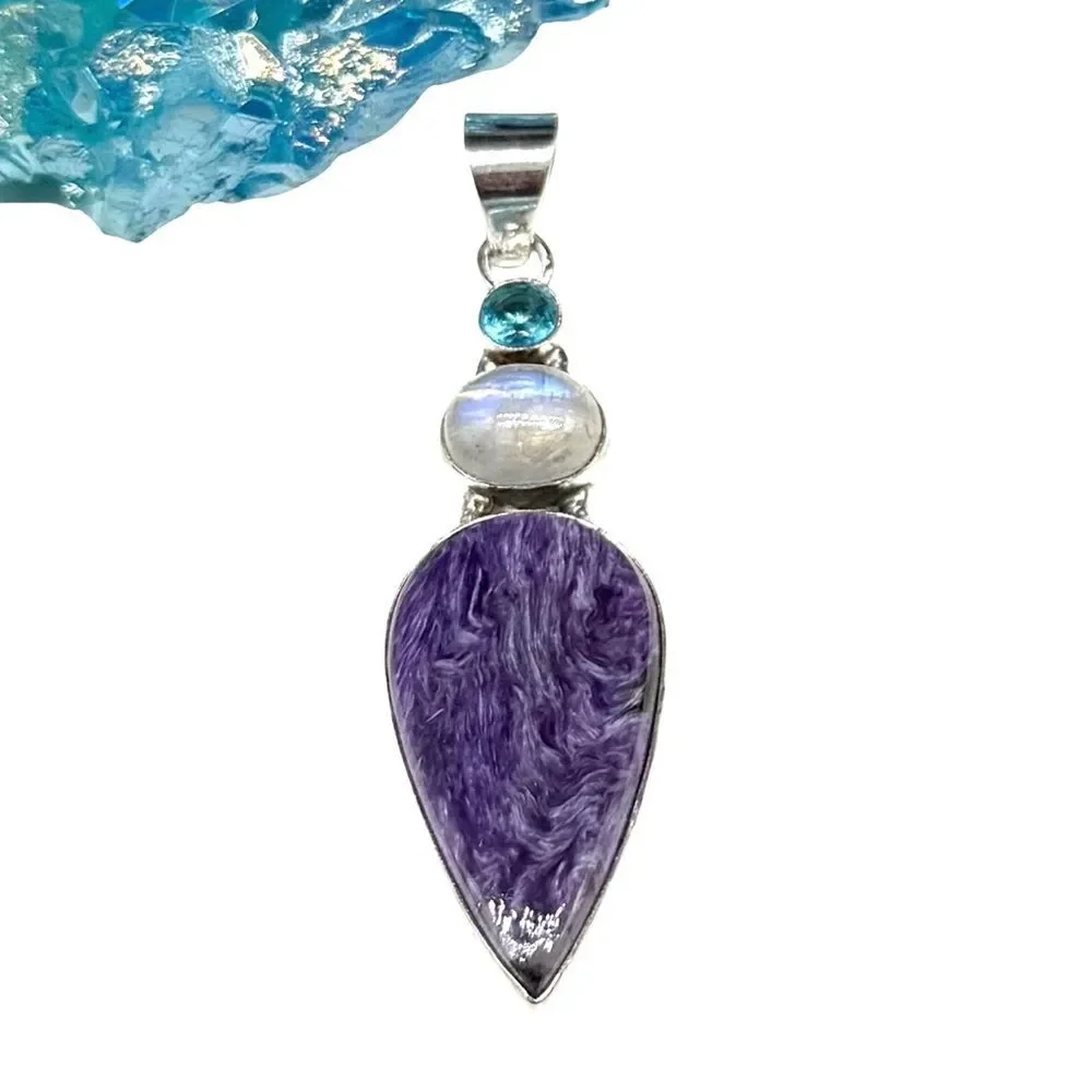 Charoite Rainbow Moonstone Blue Topaz Necklace Pendant Solid 925 Sterling Silver